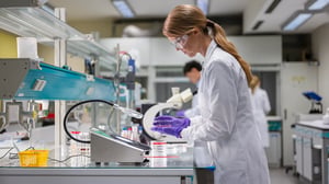 Eine Laborfachkraft untersucht in einem modernen Labor eine Probe in einer Petrischale.