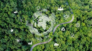 Luftaufnahme eines grünen Waldes mit Straße und Globus, umgeben von Symbolen für Nachhaltigkeit, Energie und Umwelt