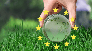 Hand hält eine transparente Weltkugel mit Europa im Fokus über grünem Gras, umgeben von zwölf gelben EU-Sternen.