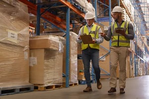 Zwei Mitarbeitende mit Schutzhelmen und Warnwesten kontrollieren verpackte Waren in einem Lager