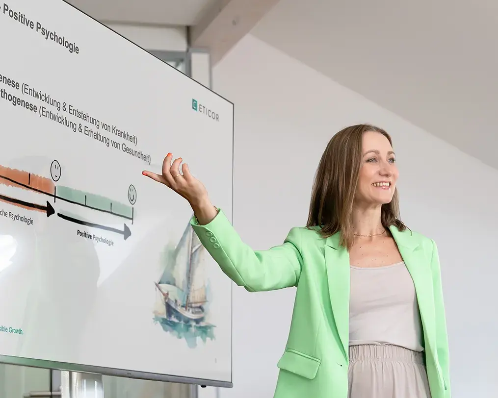 Frau steht lächelnd vor einem Bildschirm und präsentiert ein Schaubild zur Positiven Psychologie. Frau steht lächelnd vor einem Bildschirm und präsentiert ein Schaubild zur Positiven Psychologie.